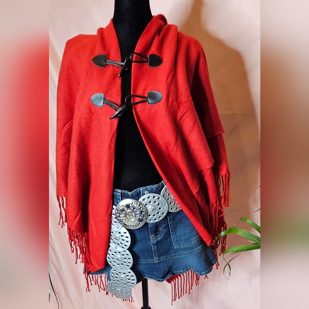 Bohemian Red Fringe Shawl Wrap / Toggle Front Cape - One Size - Picture 1 of 16